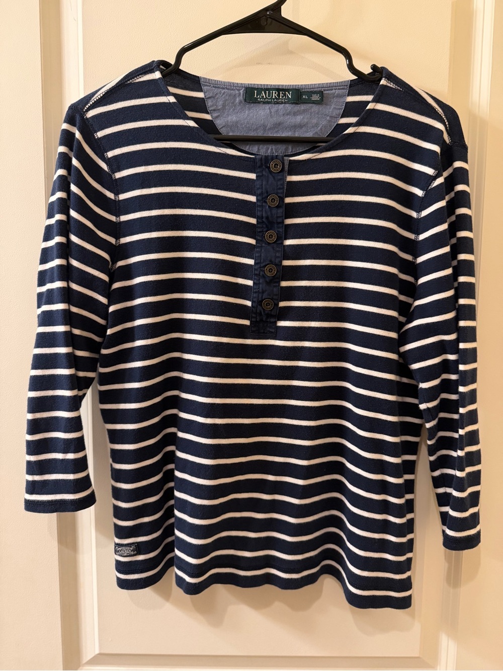 Lauren Ralph Lauren Striped Henley Top Navy Cream XL 3/4 Sleeve